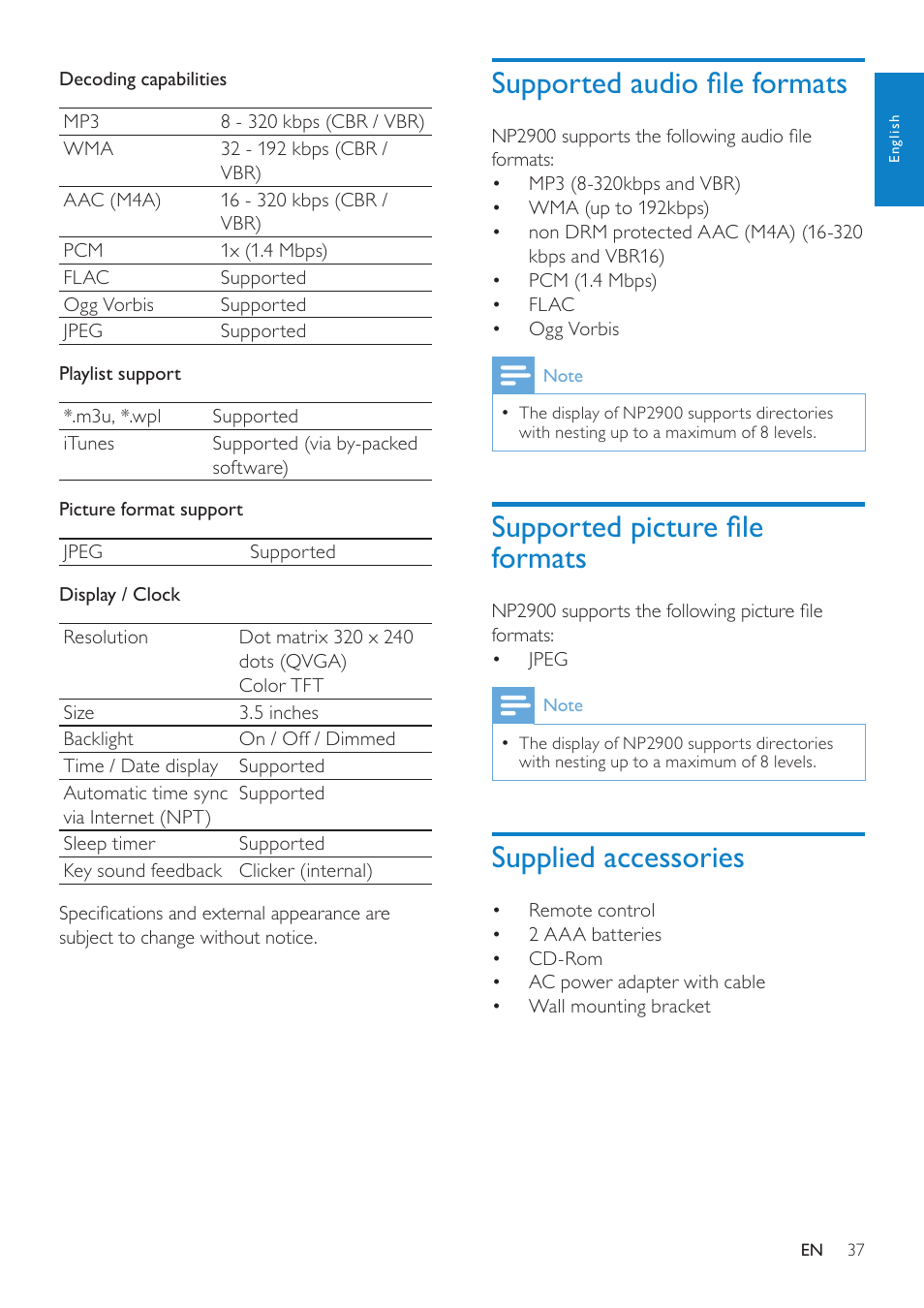 Supported audio file formats, Supported picture file formats, Supplied accessories | Philips NP2900-37B User Manual | Page 38 / 69