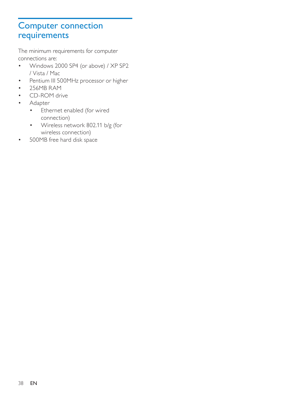 Computer connection requirements, Computer connection requirements 38 | Philips NP2900-37B User Manual | Page 39 / 69