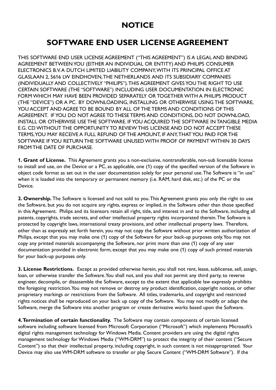 Notice software end user license agreement | Philips NP2900-37B User Manual | Page 50 / 69