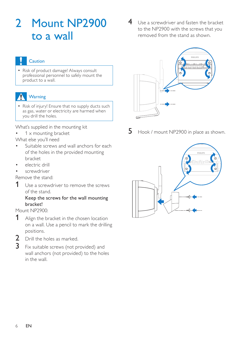 2 mount np2900 to a wall | Philips NP2900-37B User Manual | Page 7 / 69