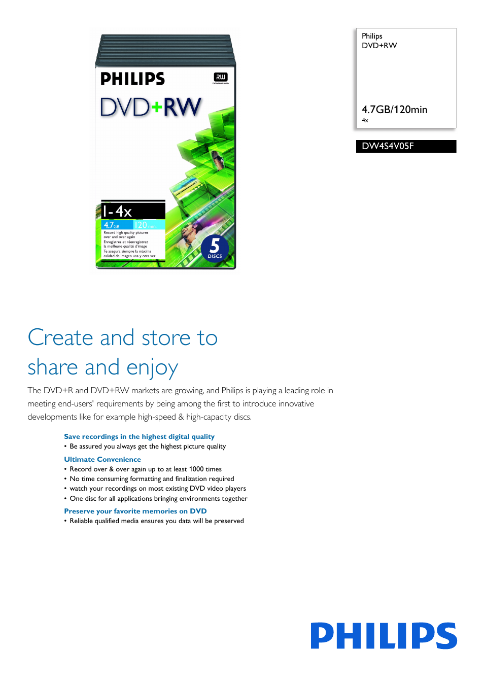 Philips DVD+RW DW4S4V05F 4.7GB-120min 4x User Manual | 2 pages