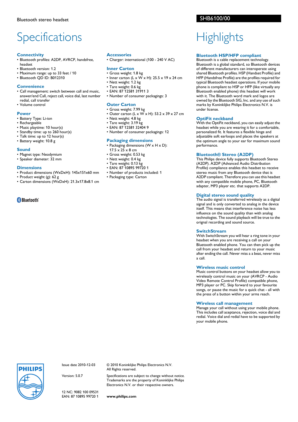 Specifications, Highlights | Philips SHB6100-00 User Manual | Page 2 / 2