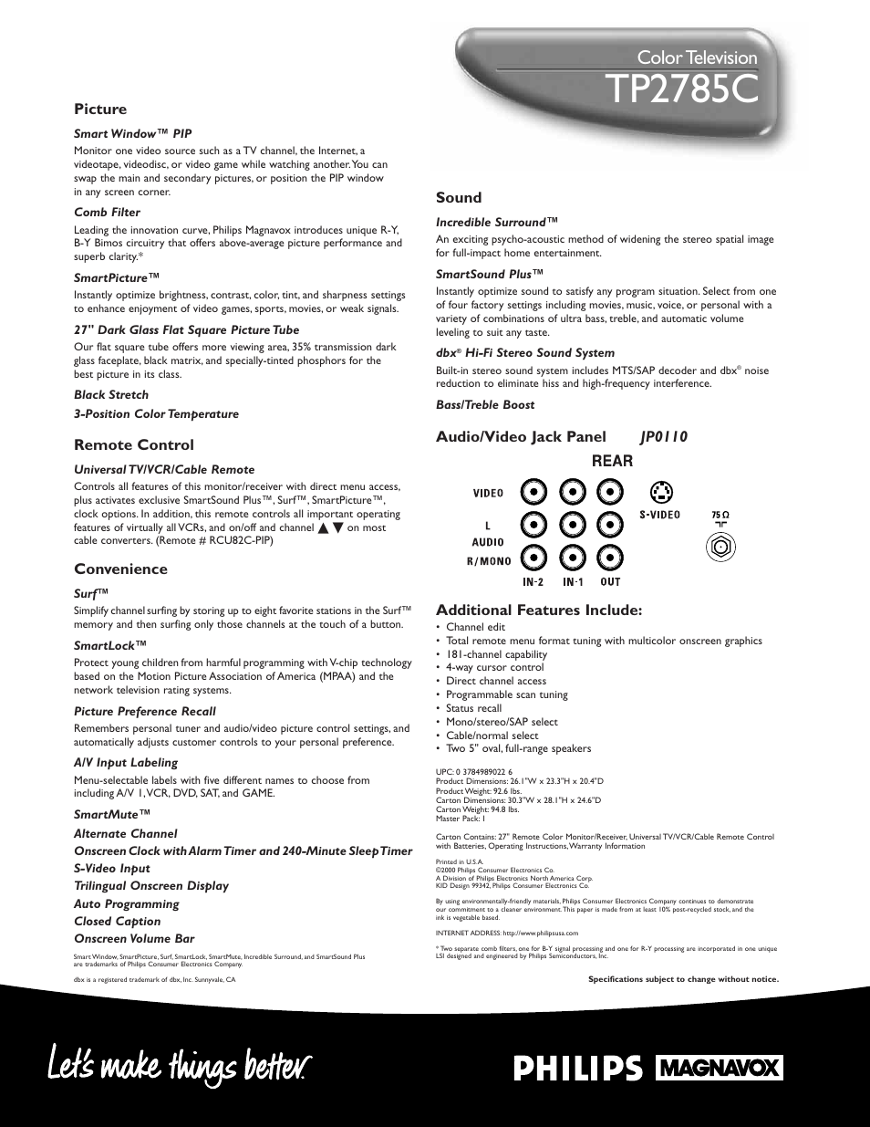 Tp2785c, Color television, Sound | Picture, Remote control, Convenience | Philips COLOR TV User Manual | Page 2 / 2