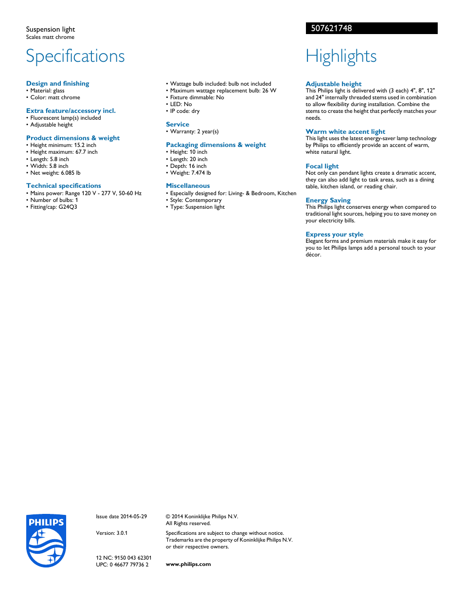 Specifications, Highlights | Philips 507621748 User Manual | Page 2 / 2