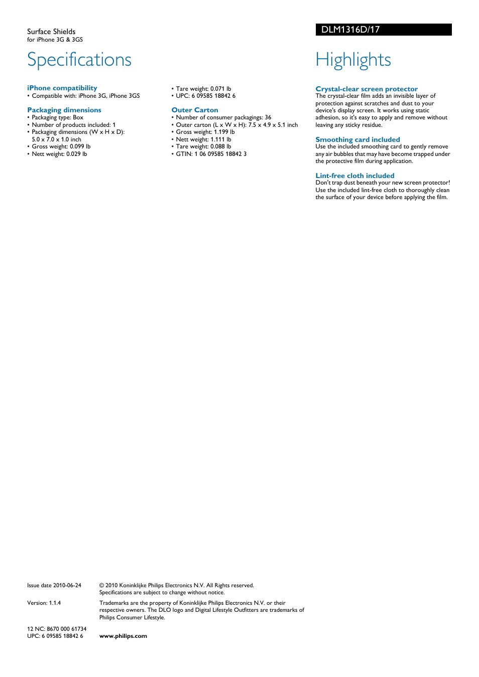 Specifications, Highlights | Philips DLM1316D-17 User Manual | Page 2 / 2