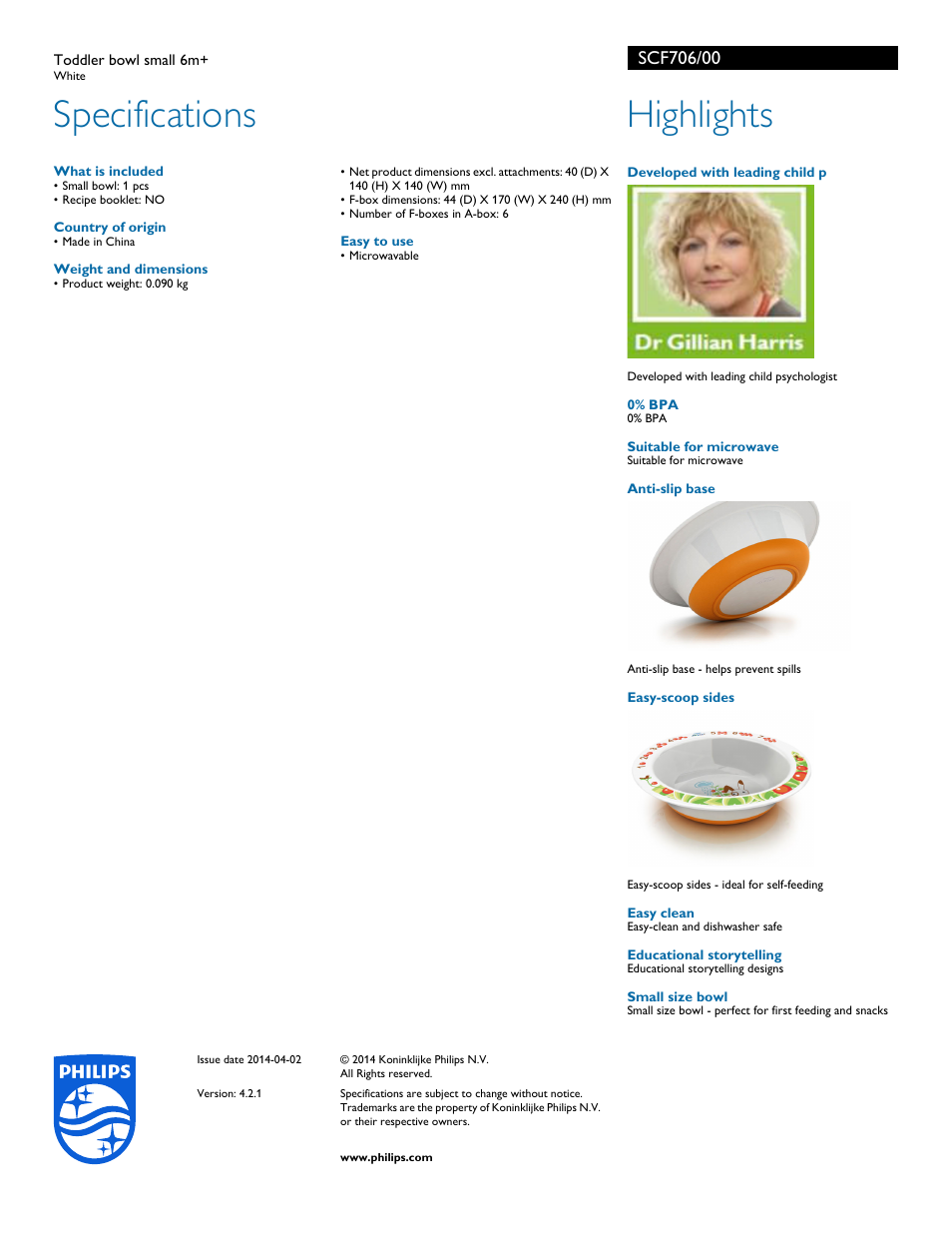 Specifications, Highlights | Philips SCF706-00 User Manual | Page 2 / 2