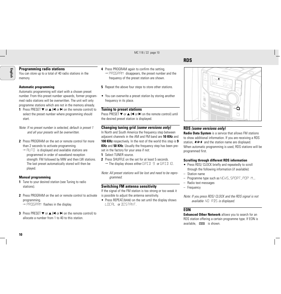 Some versions only), Programming radio stations, Tuning to preset stations | Changing tuning grid, Switching fm antenna sensitivity | Philips MC118C3799 User Manual | Page 10 / 13