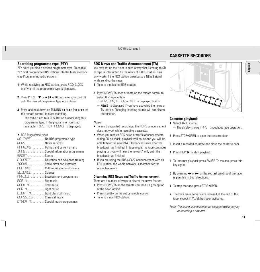 Cassette recorder | Philips MC118C3799 User Manual | Page 11 / 13