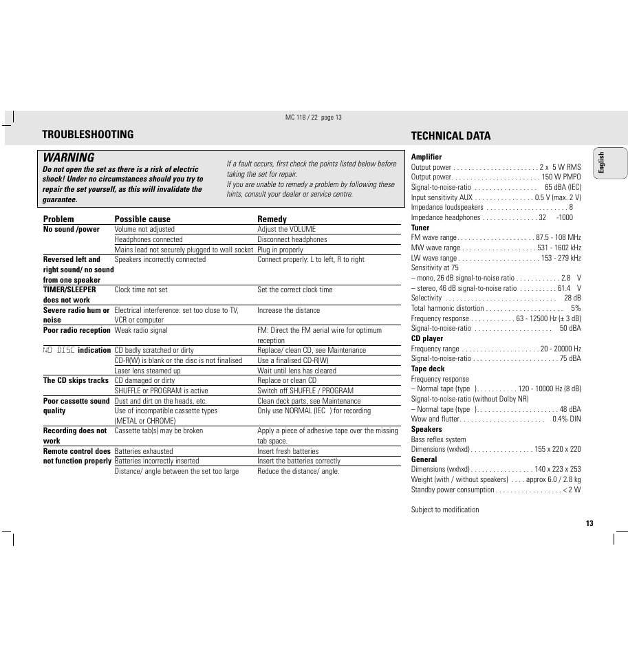 Warning, Troubleshooting, Technical data | Philips MC118C3799 User Manual | Page 13 / 13