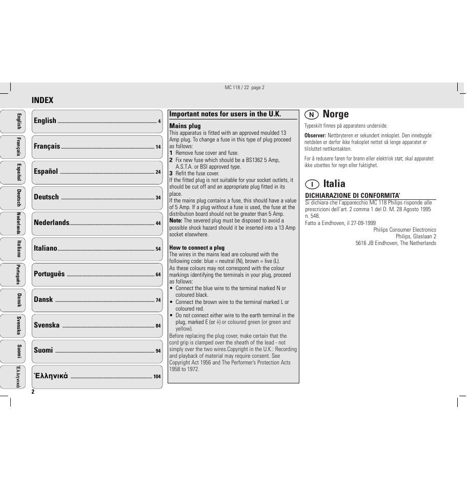 N norge, I italia, Index | Philips MC118C3799 User Manual | Page 2 / 13