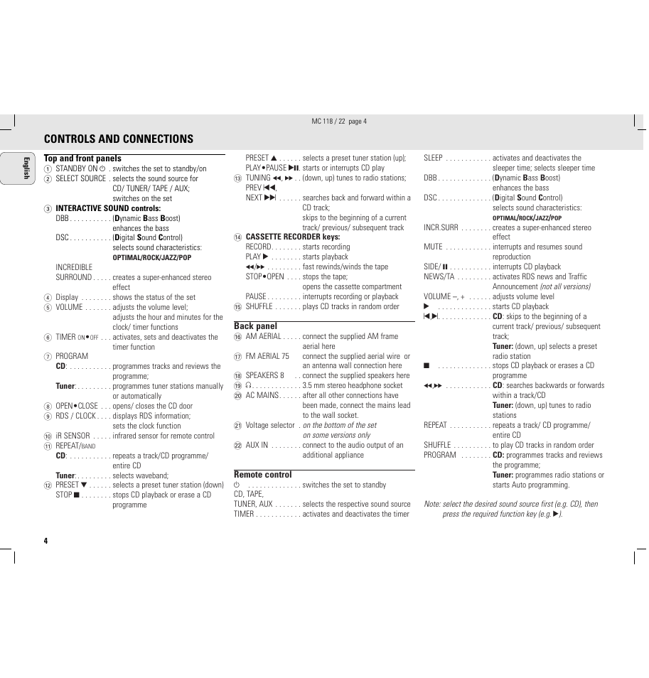 Controls and connections | Philips MC118C3799 User Manual | Page 4 / 13