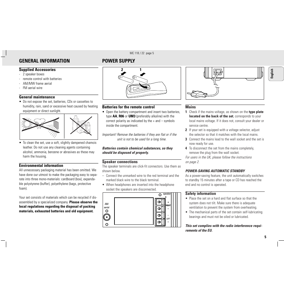 General information, Power supply | Philips MC118C3799 User Manual | Page 5 / 13