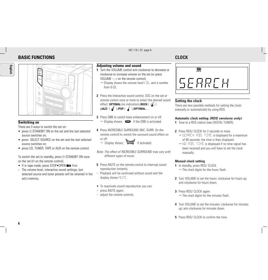 Basic functions, Clock, Switching on | Adjusting volume and sound, Setting the clock | Philips MC118C3799 User Manual | Page 6 / 13