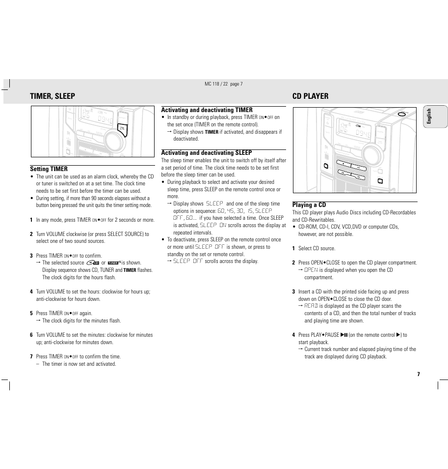 Timer, sleep, Cd player, Setting timer | Activating and deactivating timer, Activating and deactivating sleep, Playing a cd, If activated, and disappears if deactivated | Philips MC118C3799 User Manual | Page 7 / 13