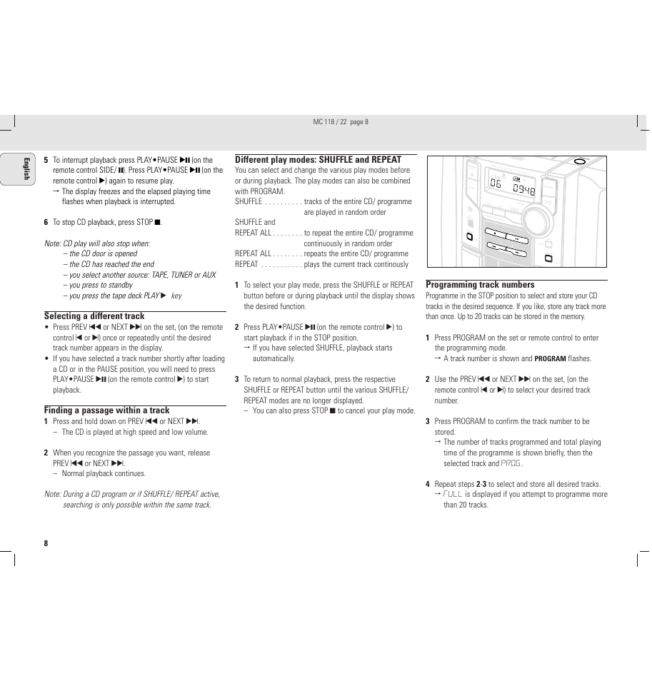 Selecting a different track, Finding a passage within a track, Different play modes: shuffle and repeat | Programming track numbers | Philips MC118C3799 User Manual | Page 8 / 13