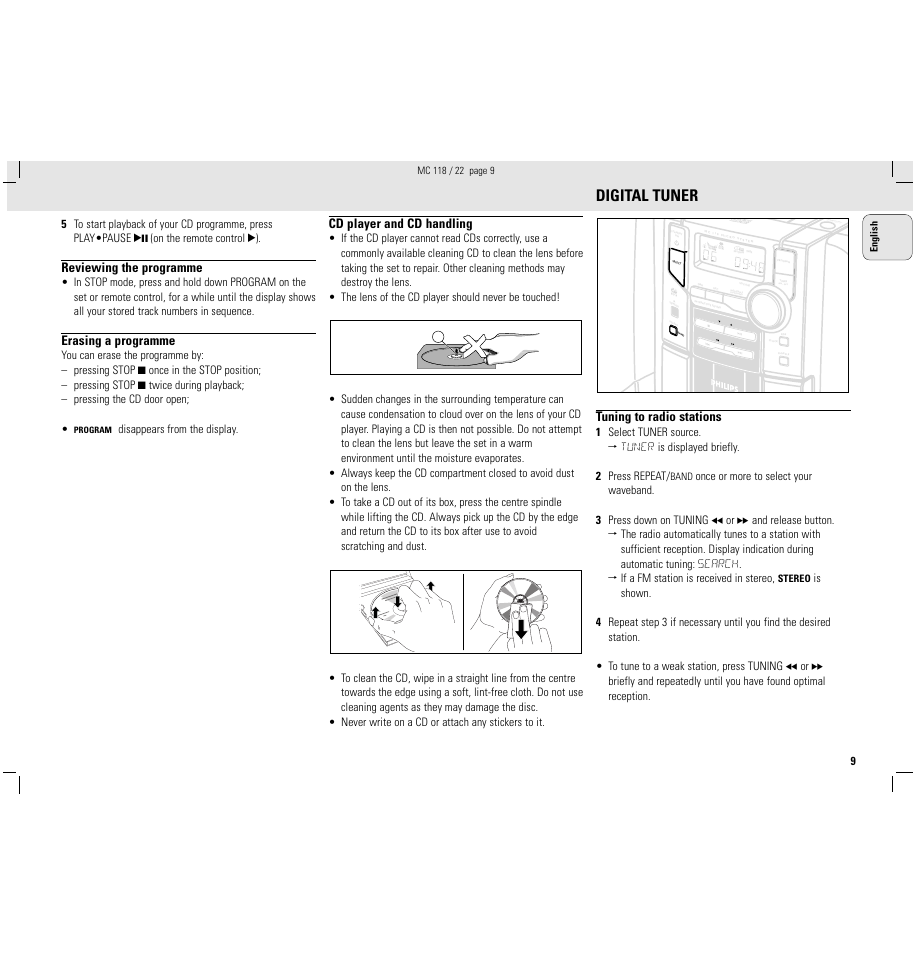 Digital tuner, Reviewing the programme, Erasing a programme | Cd player and cd handling, Tuning to radio stations, Disappears from the display | Philips MC118C3799 User Manual | Page 9 / 13