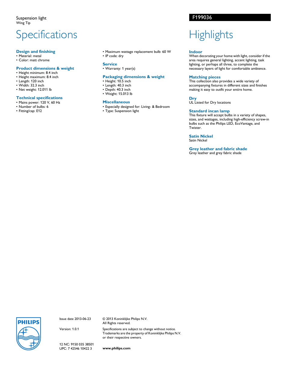 Specifications, Highlights | Philips F199036 User Manual | Page 2 / 2