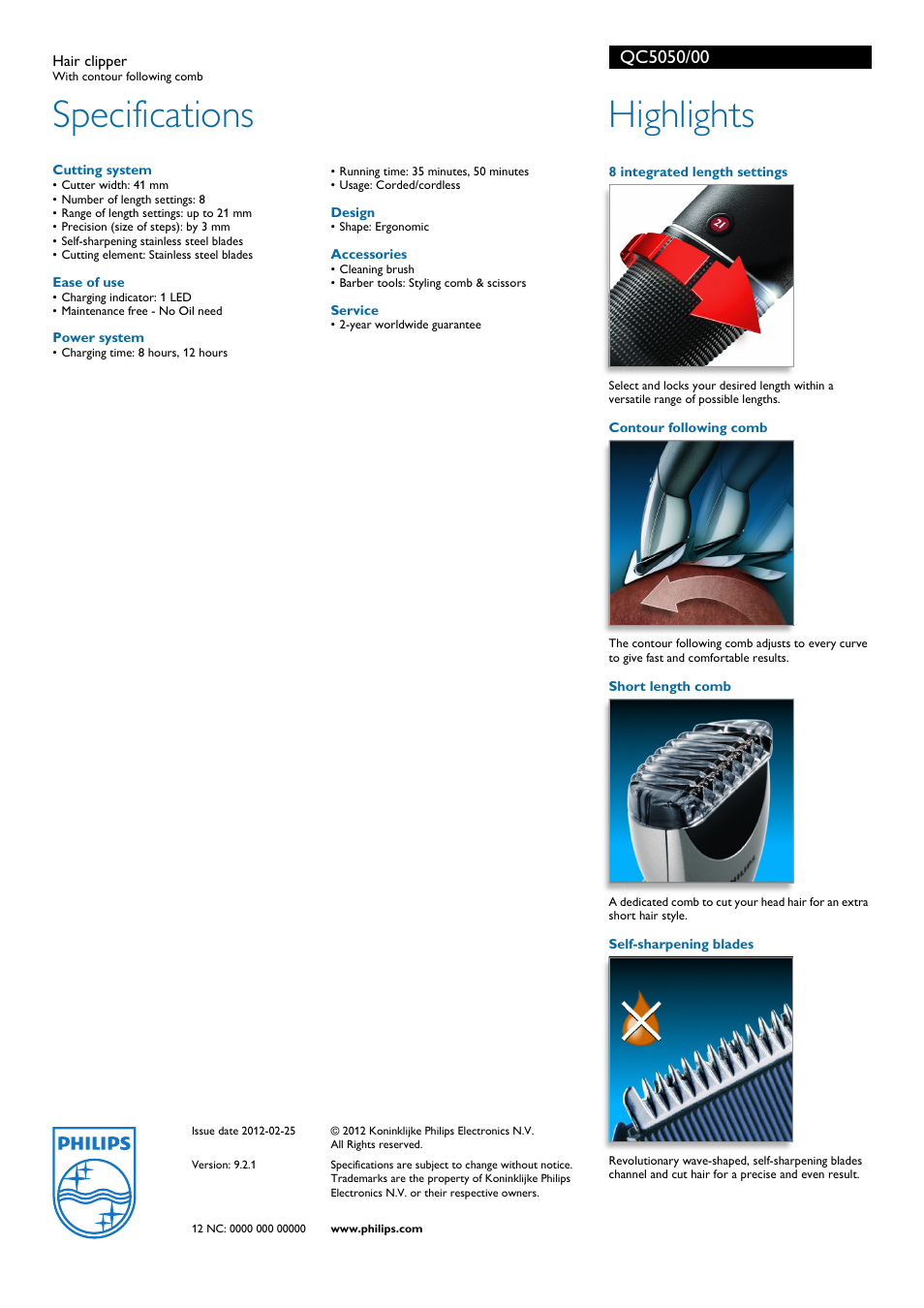 Specifications, Highlights | Philips QC5050-00 User Manual | Page 2 / 2