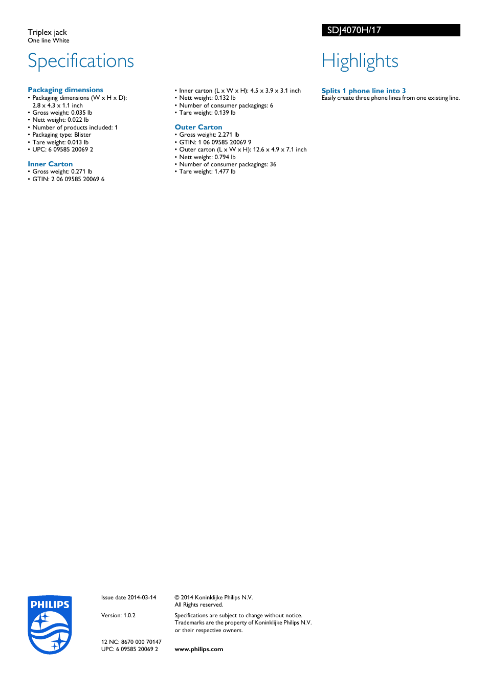 Specifications, Highlights | Philips SDJ4070H-17 User Manual | Page 2 / 2