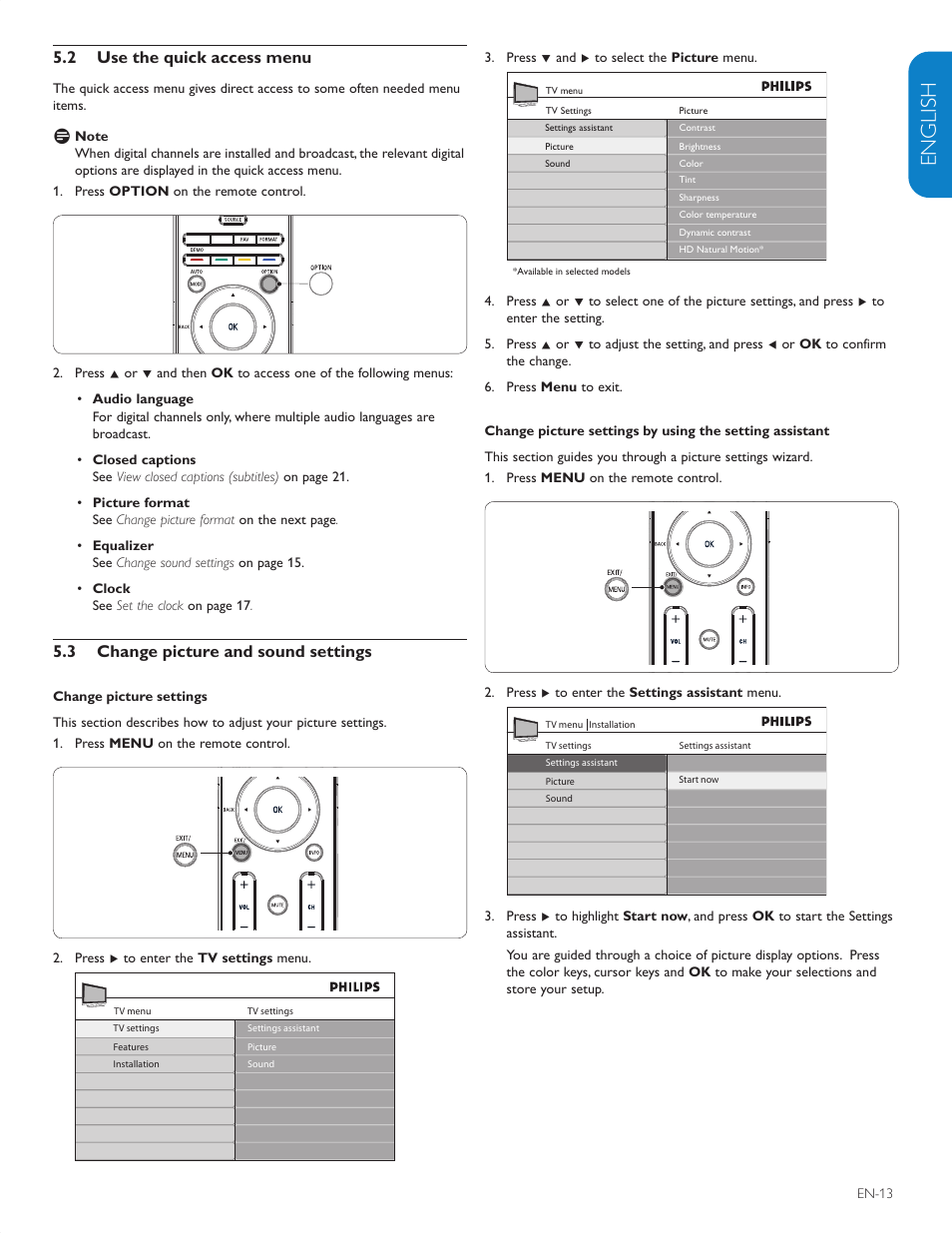 English française esp añol, 2 use the quick access menu, 3 change picture and sound settings | Philips 42PFL5603D-F7 User Manual | Page 14 / 44