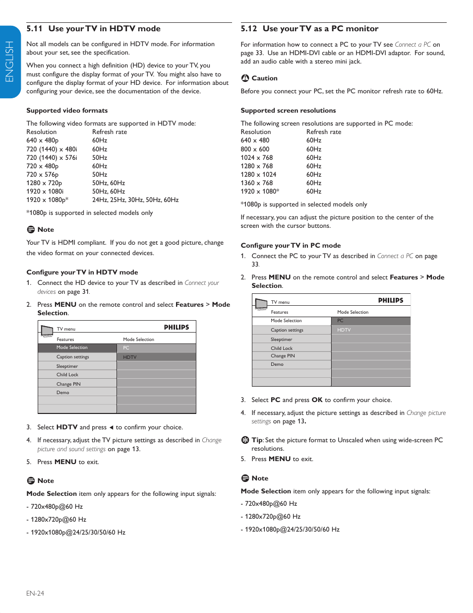 English française esp añol, 12 use your tv as a pc monitor, 11 use your tv in hdtv mode | Philips 42PFL5603D-F7 User Manual | Page 25 / 44