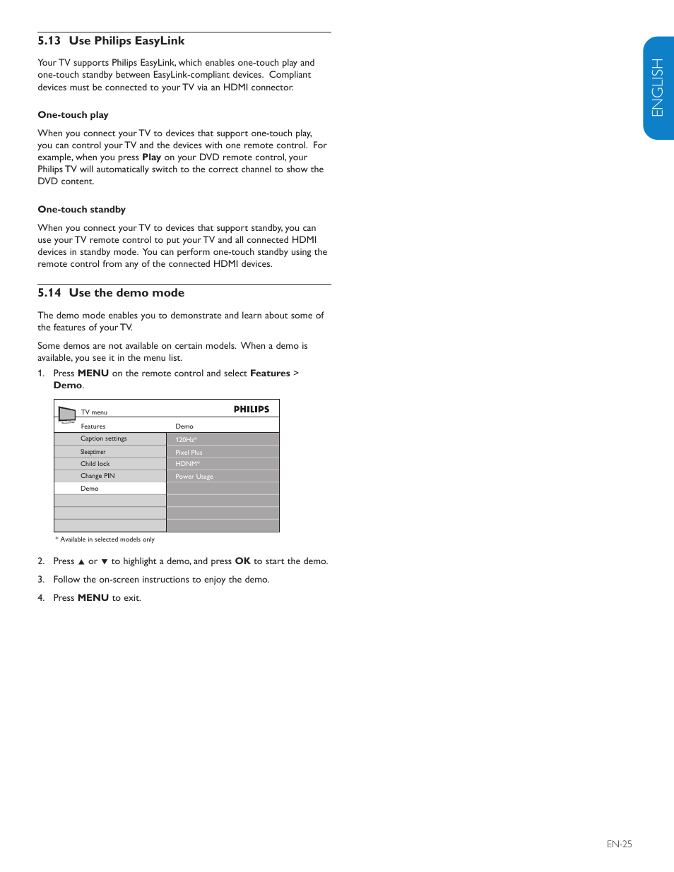 English française esp añol, 13 use philips easylink, 14 use the demo mode | Philips 42PFL5603D-F7 User Manual | Page 26 / 44