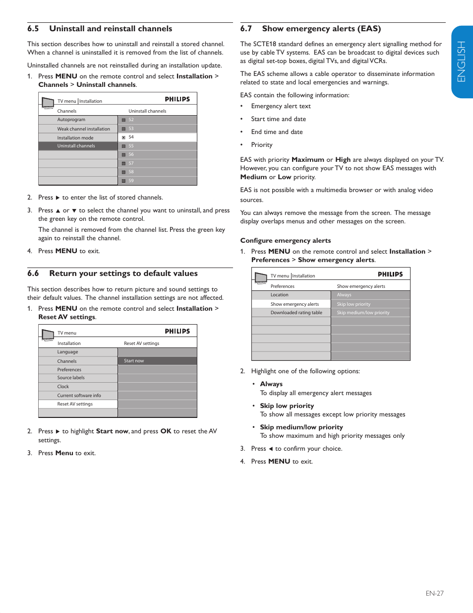 English française esp añol, Uninstall and reinstall channels 6.5, 6 return your settings to default values | Show emergency alerts (eas) 6.7 | Philips 42PFL5603D-F7 User Manual | Page 28 / 44