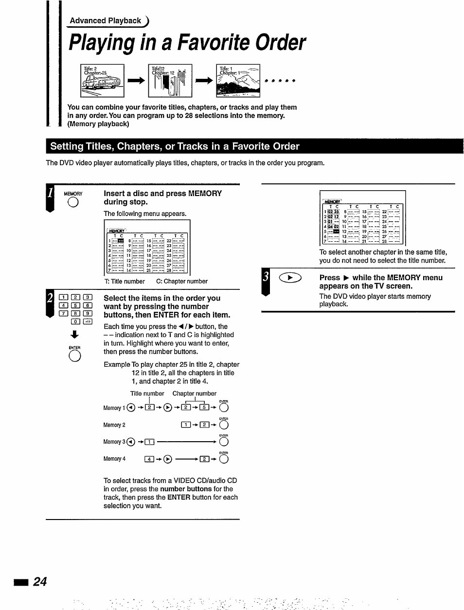 Playing in a favorite order, Insert a disc and press memory during stop, Playing in a favorite order ,25 | Philips DVD850AT99 User Manual | Page 24 / 56