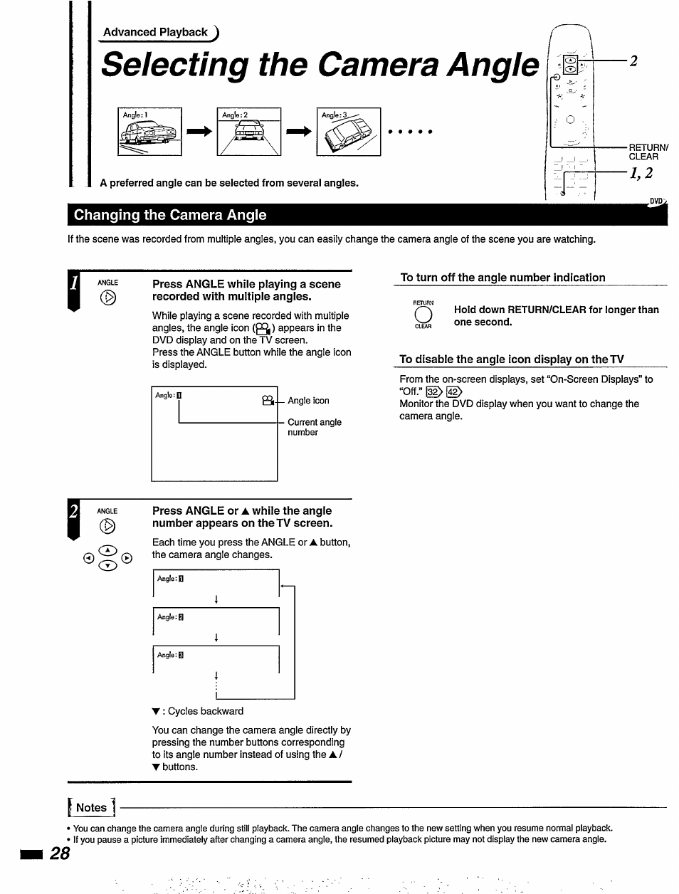 Changing the camera angle, To turn off the angle number indication, To disable the angle icon display on the tv | I notes, Selecting the camera angle | Philips DVD850AT99 User Manual | Page 28 / 56