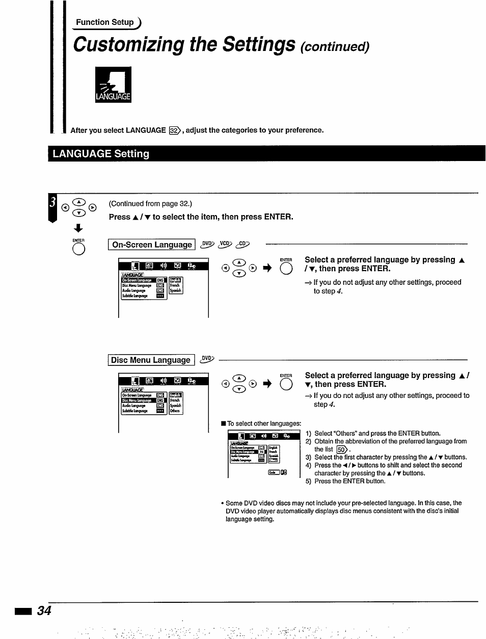 Language setting, Press a / t to select the item, then press enter, Disc menu language | Customizing the settings, Continued) | Philips DVD850AT99 User Manual | Page 34 / 56