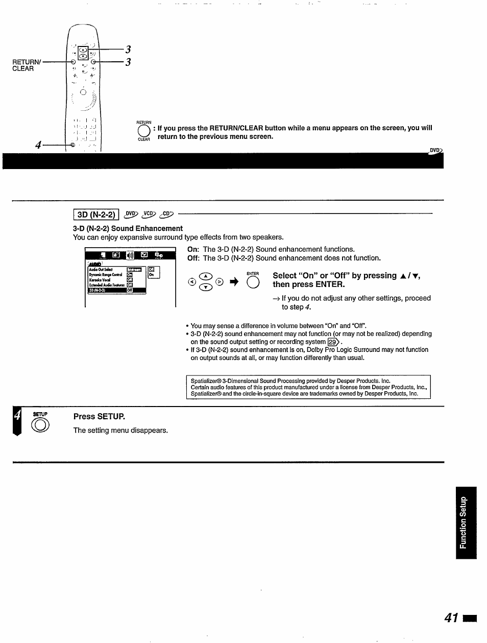 3d (n-2-2) ¿vd, Select “on” or “off” by pressing a/t, Press setup | Philips DVD850AT99 User Manual | Page 41 / 56