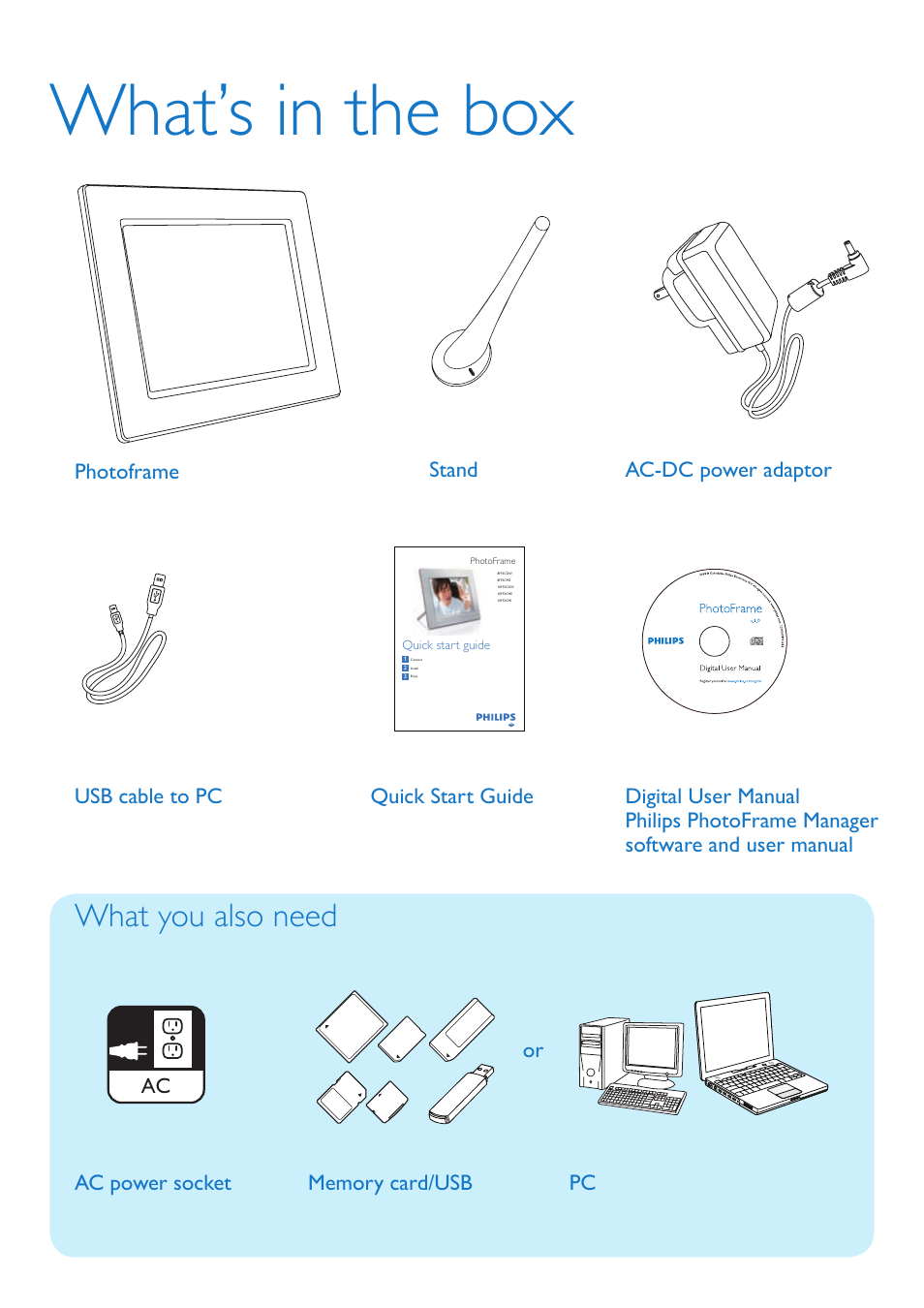 What’s in the box, What you also need, Photoframe ac power socket quick start guide | Philips 10FF3CMI-37 User Manual | Page 2 / 12