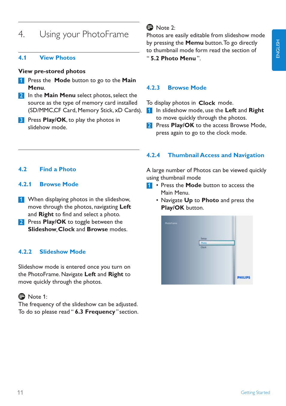 Using your photoframe, View.photos, Find.a.photo | Browse.mode, Slideshow.mode, Thumbnail.access.and.navigation | Philips 8FF2FPW-37B User Manual | Page 11 / 32