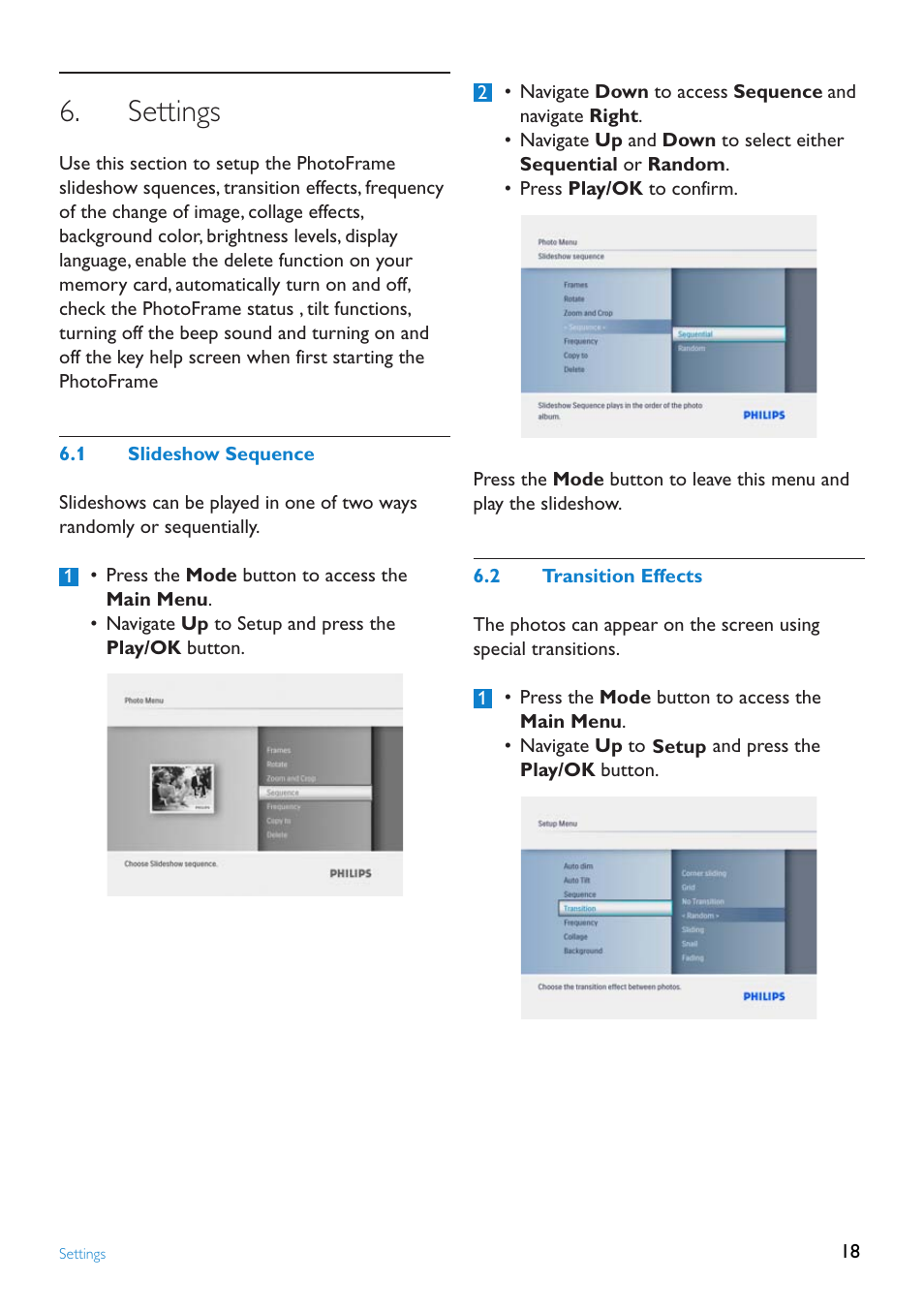 Settings, Slideshow.sequence, Transition.effects | Philips 8FF2FPW-37B User Manual | Page 18 / 32