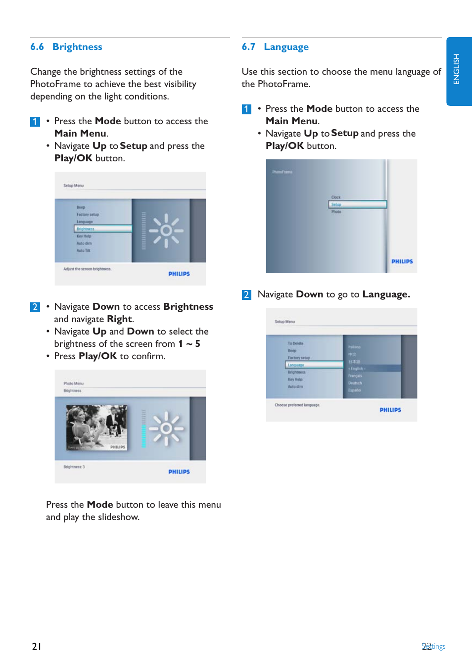 Brightness, Language | Philips 8FF2FPW-37B User Manual | Page 21 / 32