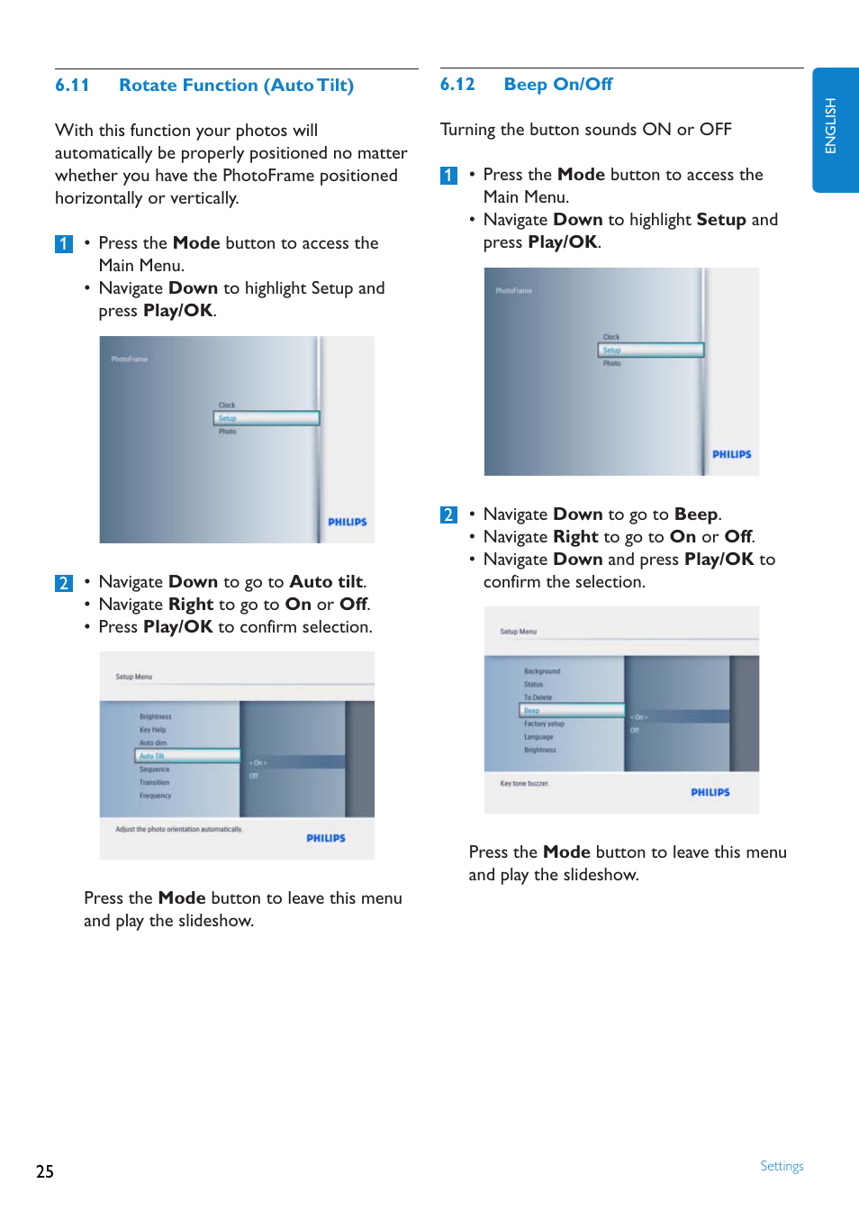 Rotate.function.(auto.tilt), Beep.on/off | Philips 8FF2FPW-37B User Manual | Page 25 / 32