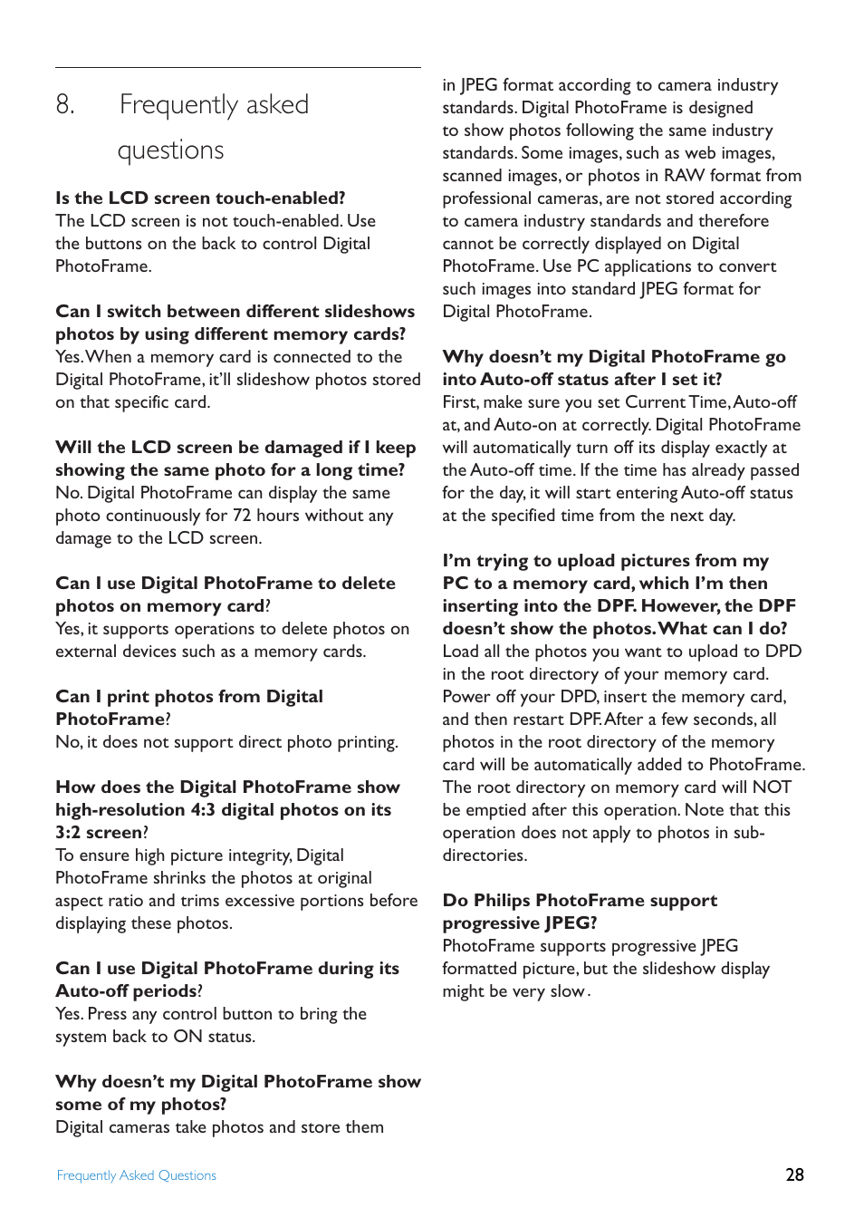 Frequently asked questions, Frequently asked, Questions | Philips 8FF2FPW-37B User Manual | Page 28 / 32
