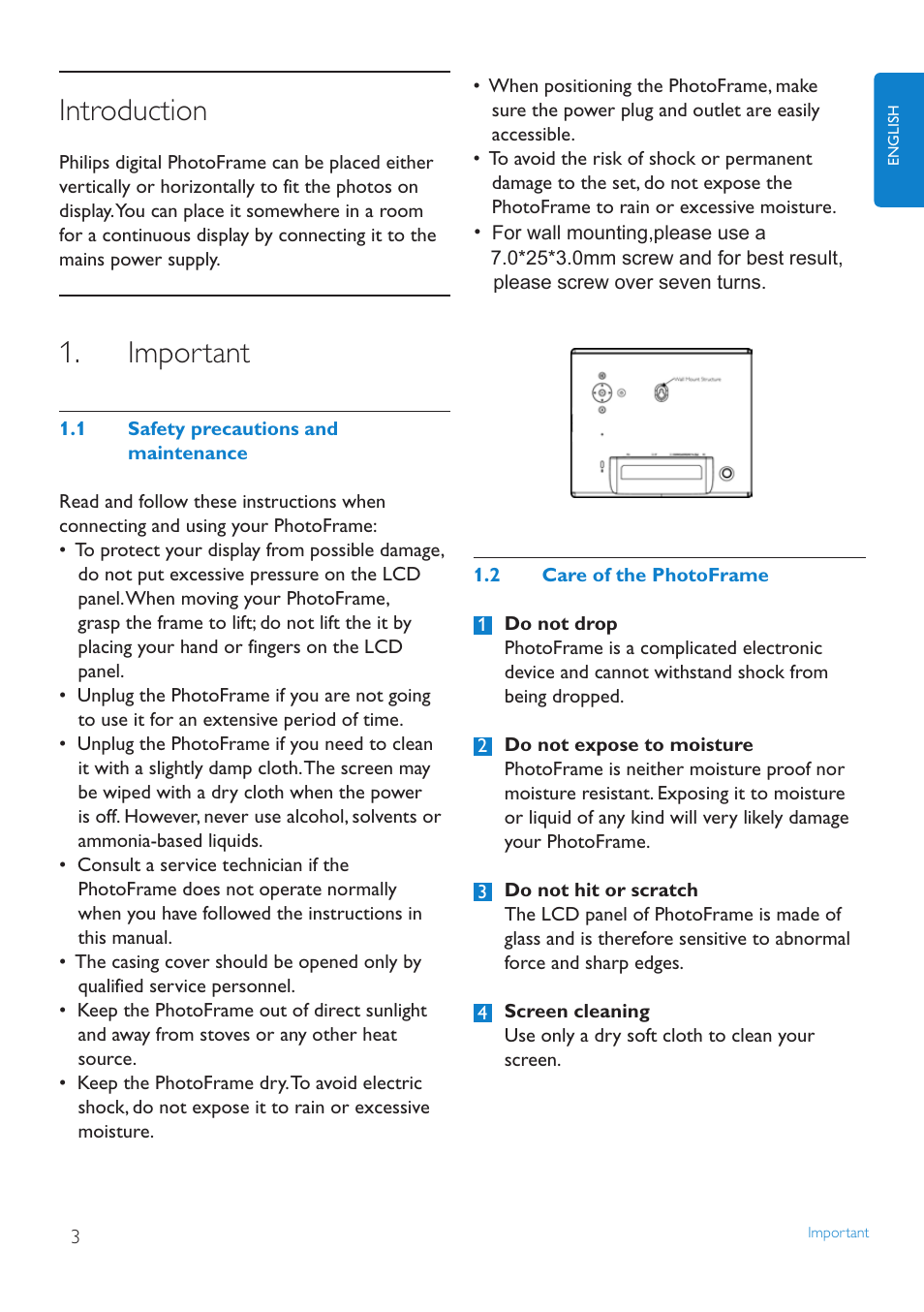 Introduction, Important, Safety precautions and maintenance | Care.of.the.photoframe | Philips 8FF2FPW-37B User Manual | Page 3 / 32