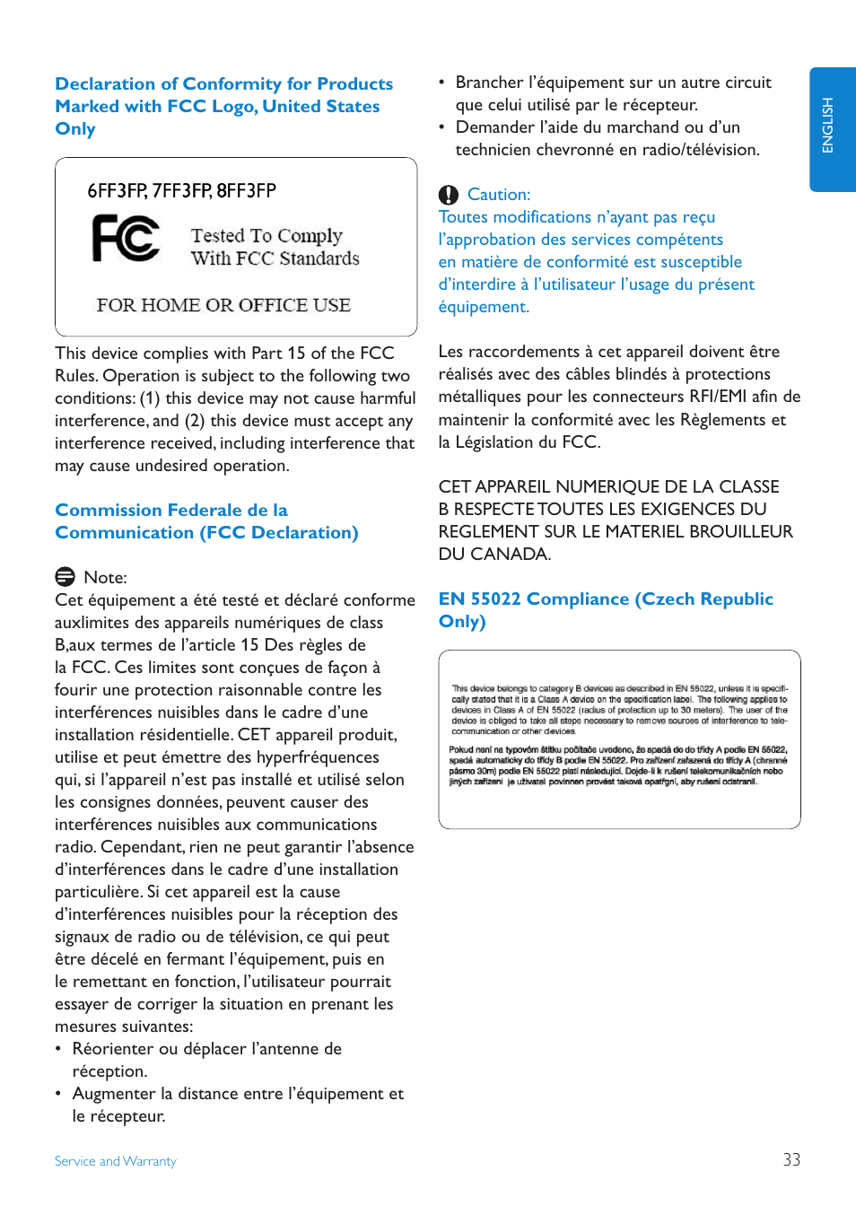 Declaration.of.conformity.for.products.m, Commission.federale.de.la.communication, En.55022.compliance.(czech.republic | Philips 8FF3FPB-27B User Manual | Page 35 / 38