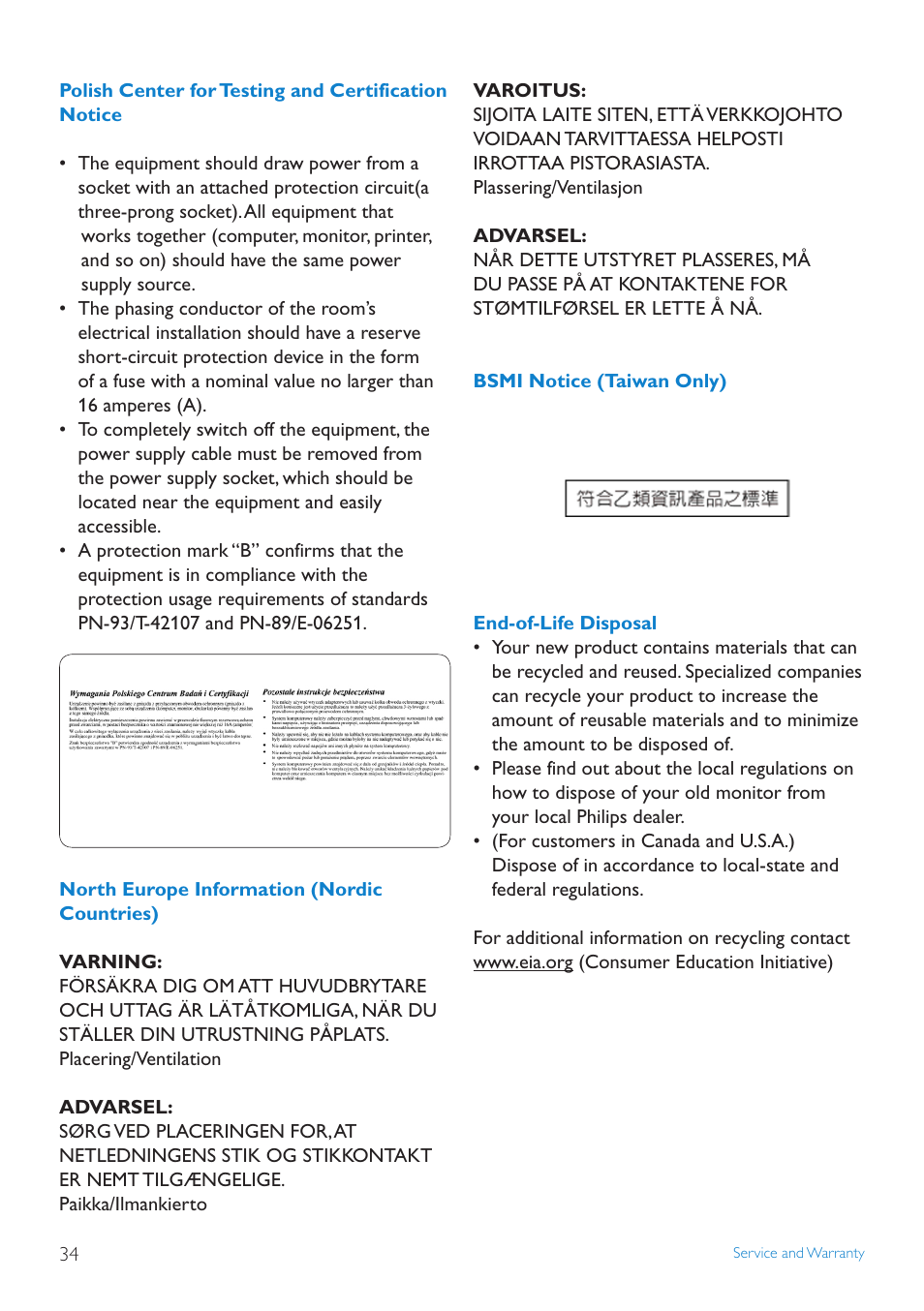 Polish.center.for.testing.and.certificat, North.europe.information.(nordic.countri, Bsmi.notice.(taiwan.only) | End-of-life.disposal | Philips 8FF3FPB-27B User Manual | Page 36 / 38