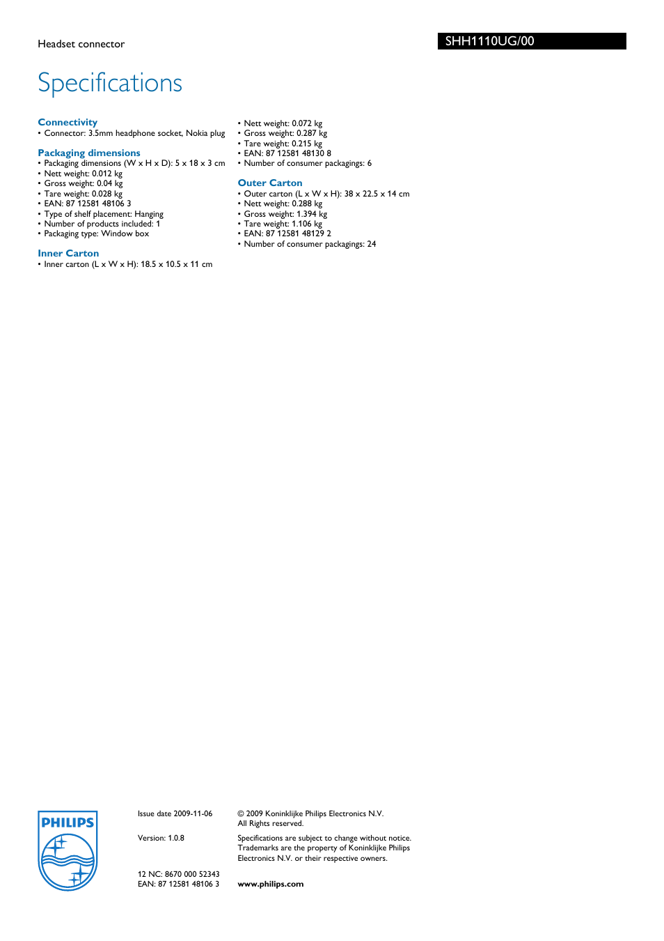 Specifications | Philips SHH1110UG-00 User Manual | Page 2 / 2