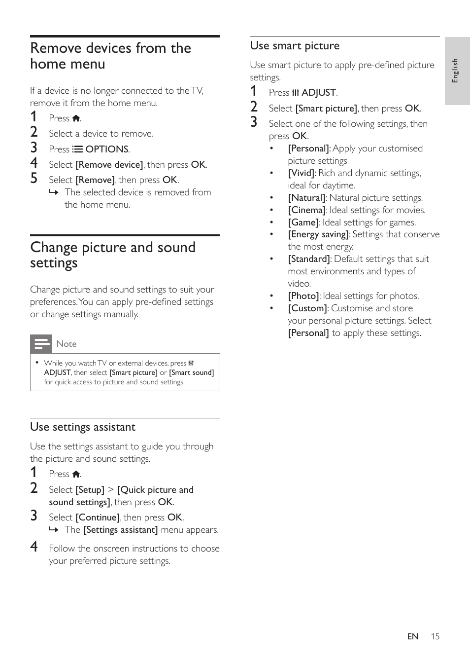 Remove devices from the home menu, Change picture and sound settings | Philips 32PFL3506H-12 User Manual | Page 19 / 55