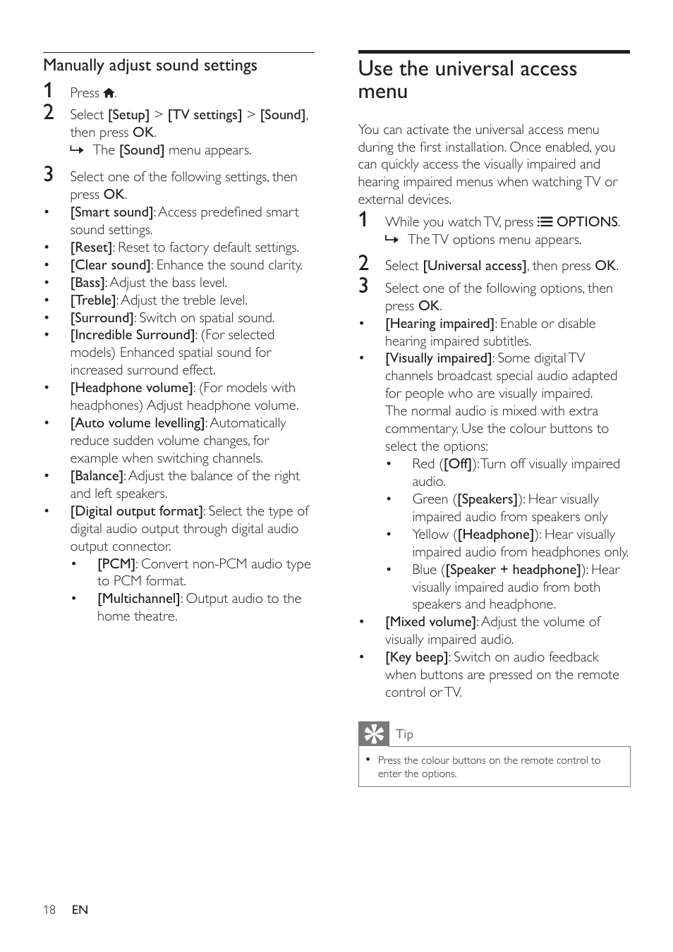 Use the universal access menu | Philips 32PFL3506H-12 User Manual | Page 22 / 55