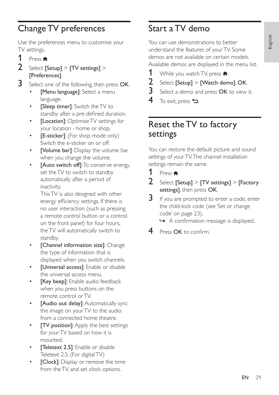 Start a tv demo, Reset the tv to factory settings, Change tv preferences | Philips 32PFL3506H-12 User Manual | Page 33 / 55