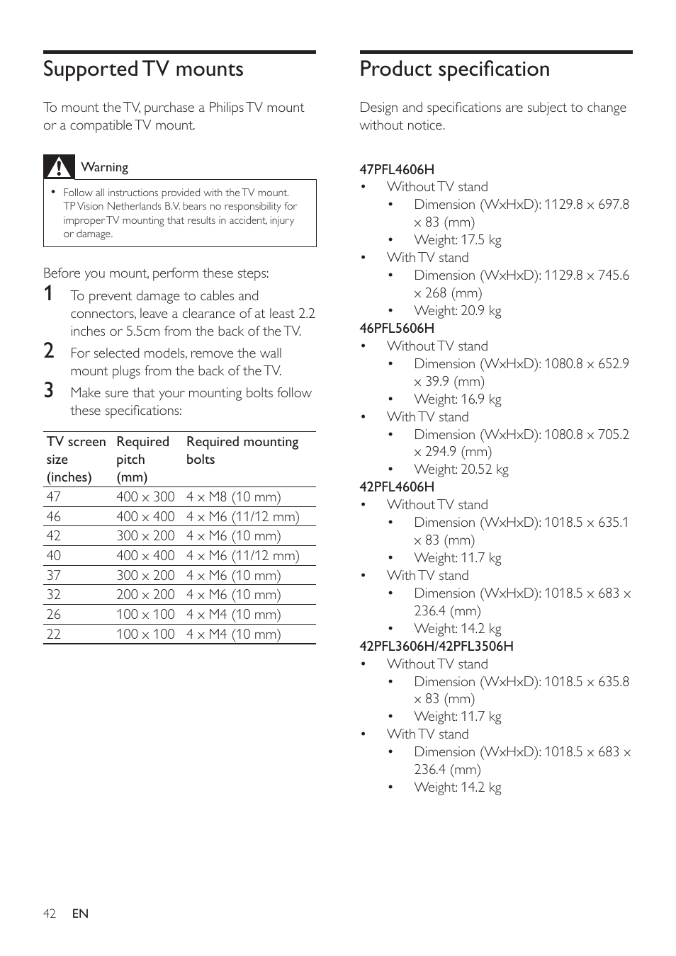 Product specification, Supported tv mounts | Philips 32PFL3506H-12 User Manual | Page 46 / 55