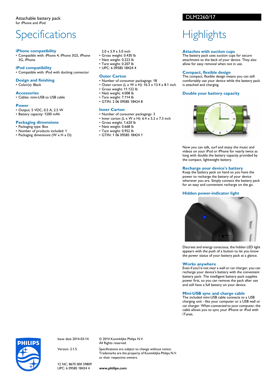 Specifications, Highlights | Philips DLM2260-17 User Manual | Page 2 / 2