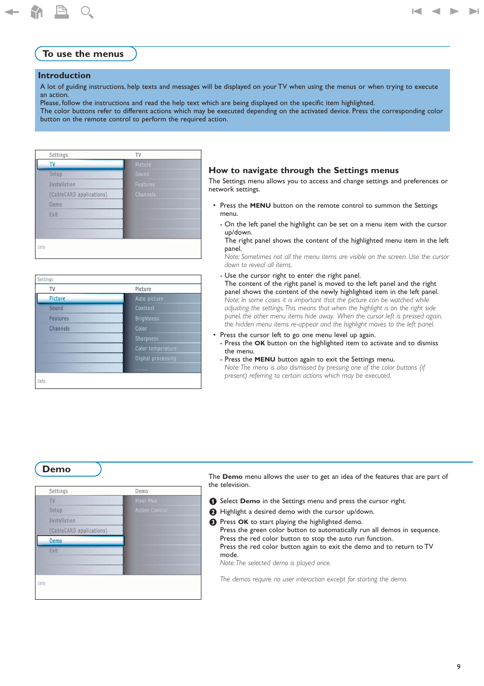 To use the menus, Demo | Philips 32PF9630A-37B User Manual | Page 13 / 52