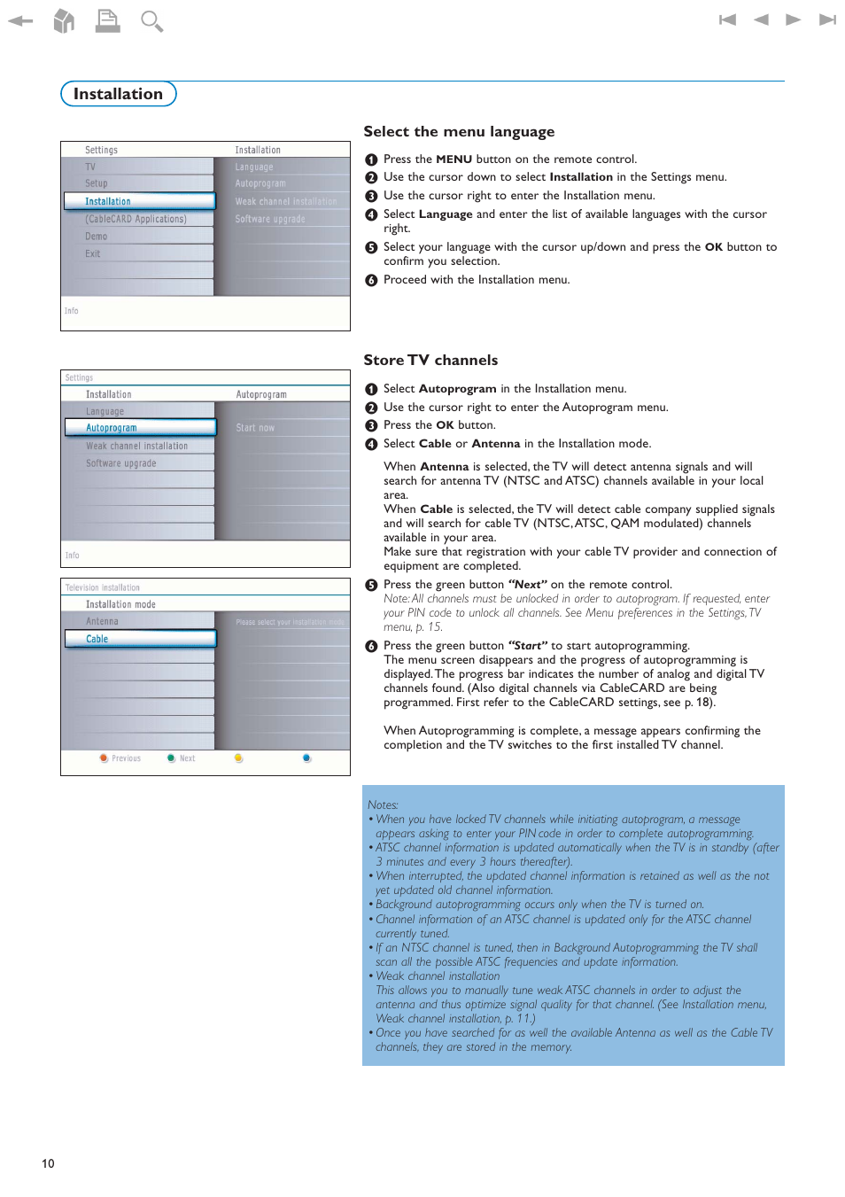 Installation, Select the menu language store tv channels | Philips 32PF9630A-37B User Manual | Page 14 / 52