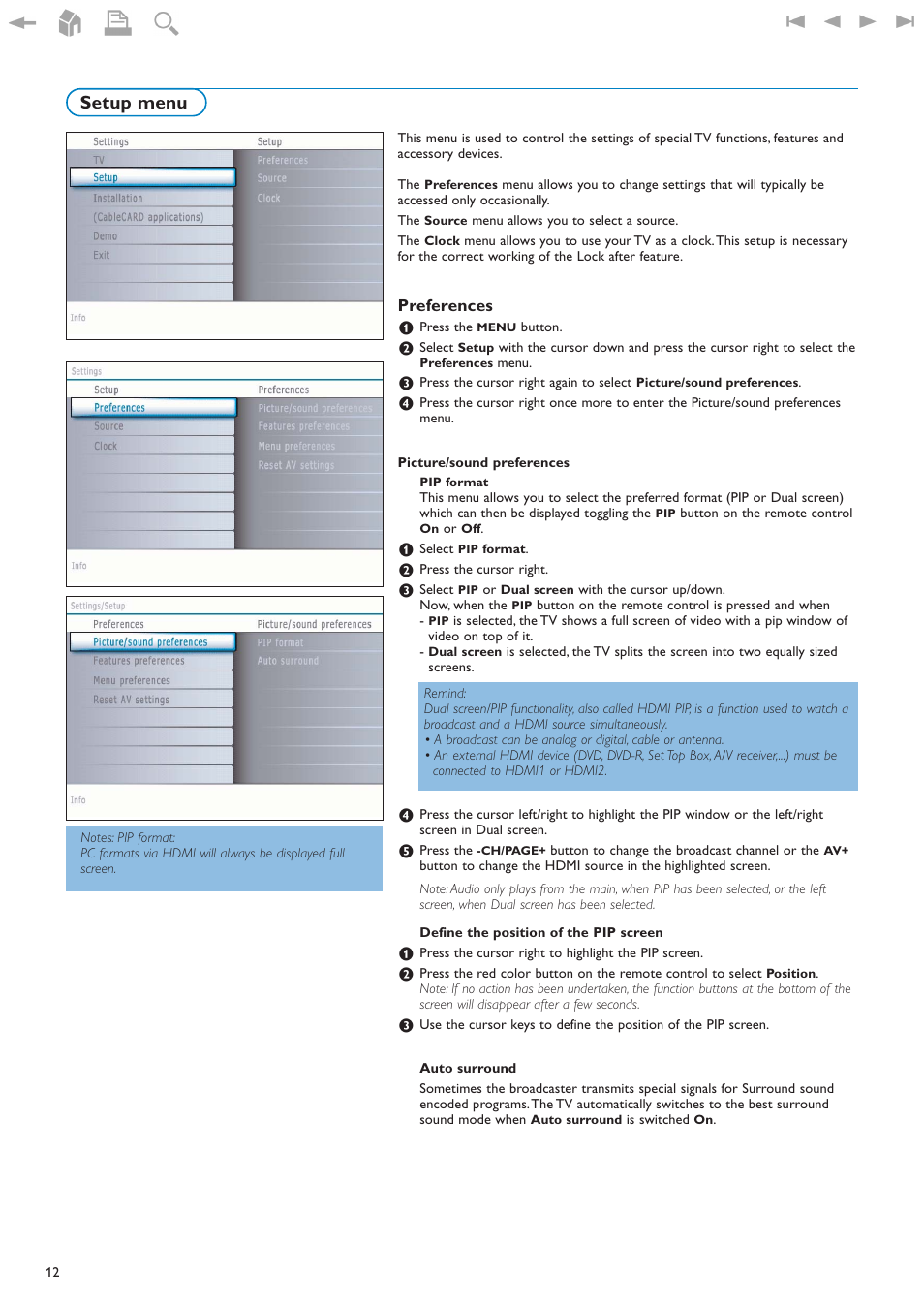 Setup menu, Preferences | Philips 32PF9630A-37B User Manual | Page 16 / 52