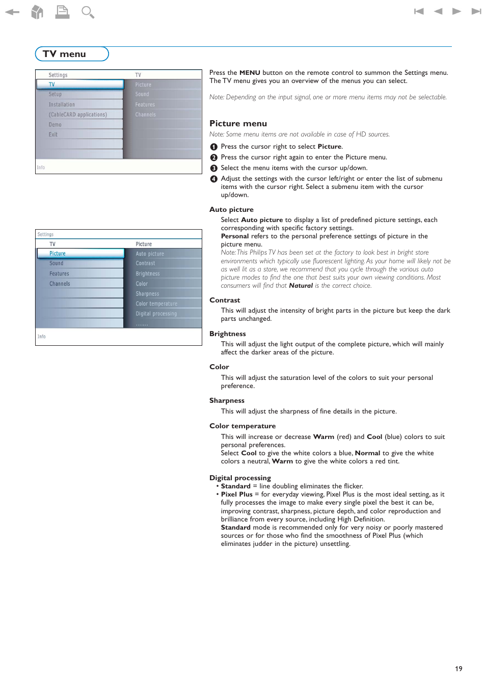 Tv menu, Picture menu | Philips 32PF9630A-37B User Manual | Page 23 / 52
